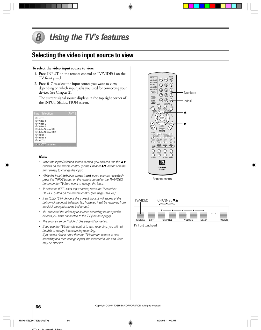 Toshiba 52HMX94 owner manual Using the TV’s features, Selecting the video input source to view, Channel zy 