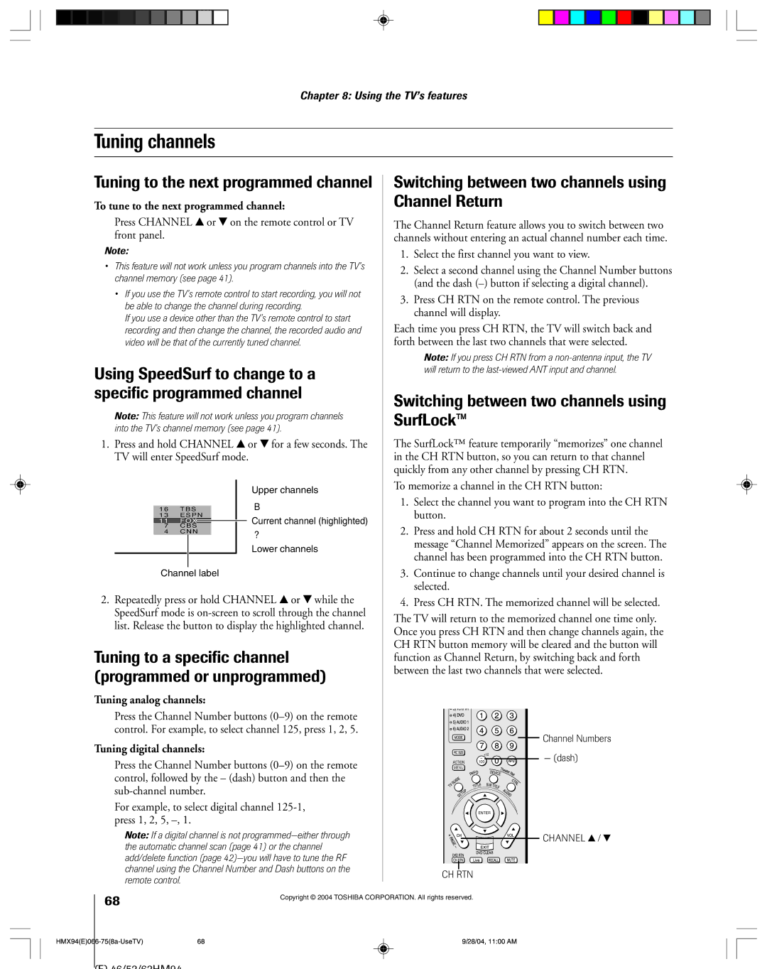 Toshiba 52HMX94 Tuning channels, Tuning to the next programmed channel, Switching between two channels using SurfLock 