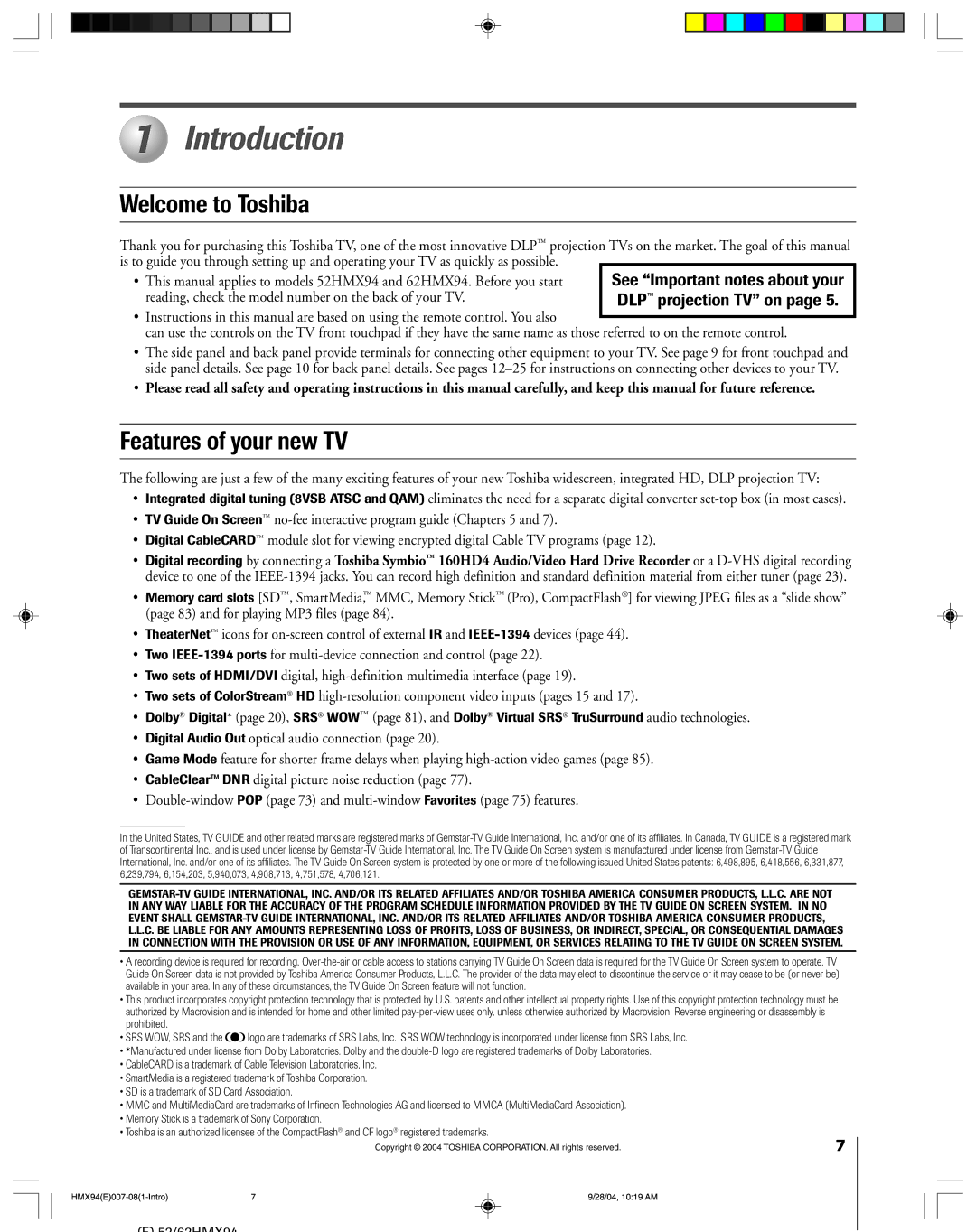 Toshiba 52HMX94 owner manual Introduction, Welcome to Toshiba, Features of your new TV, See Important notes about your 