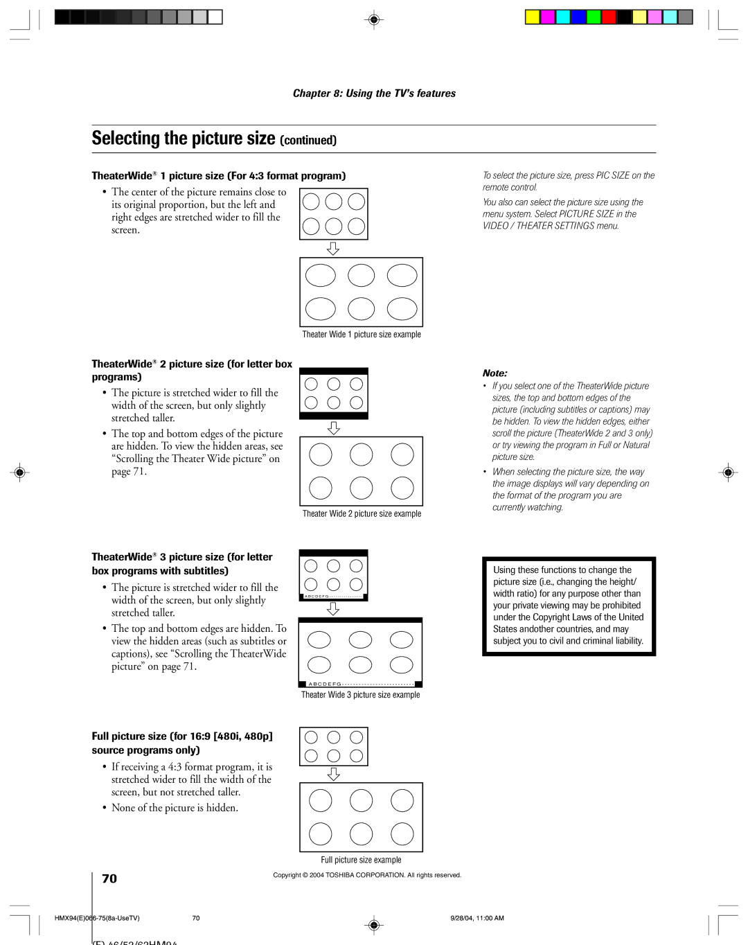 Toshiba 52HMX94 owner manual None of the picture is hidden, TheaterWide 1 picture size For 43 format program 