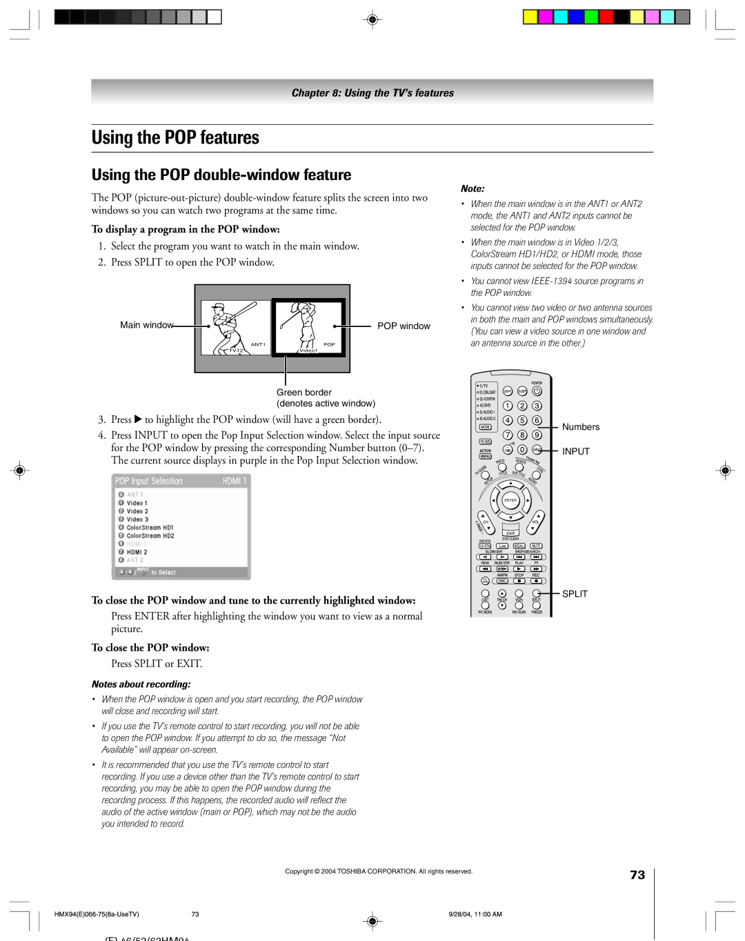 Toshiba 52HMX94 Using the POP features, Using the POP double-window feature, To display a program in the POP window 