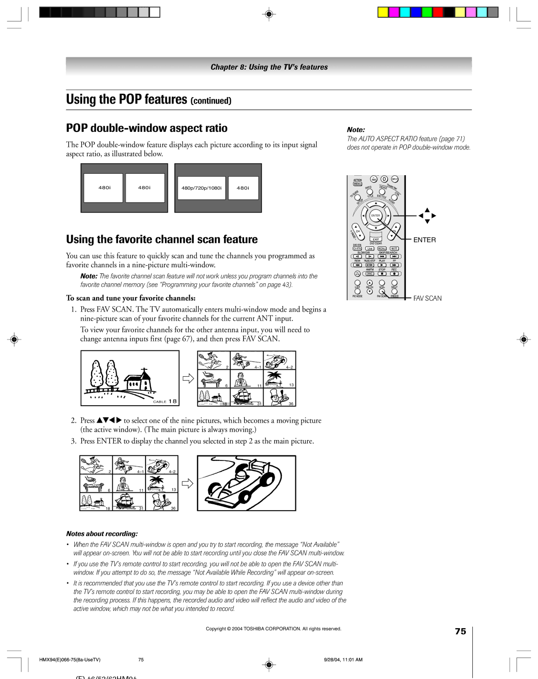 Toshiba 52HMX94 owner manual POP double-window aspect ratio, Using the favorite channel scan feature 