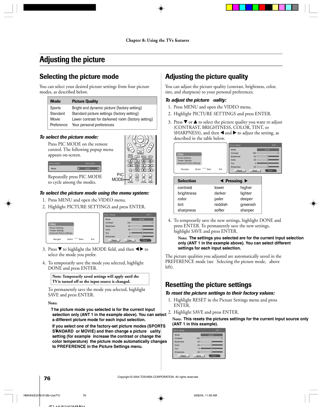 Toshiba 52HMX94 owner manual Selecting the picture mode, Adjusting the picture quality, Resetting the picture settings 