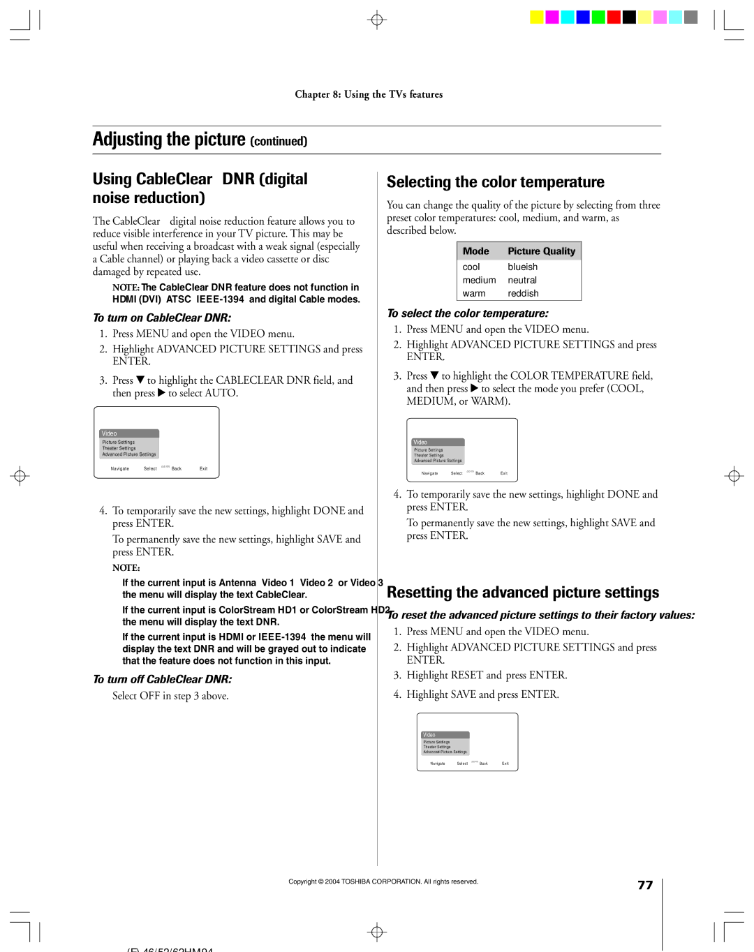 Toshiba 52HMX94 owner manual Using CableClear DNR digital noise reduction, Selecting the color temperature 