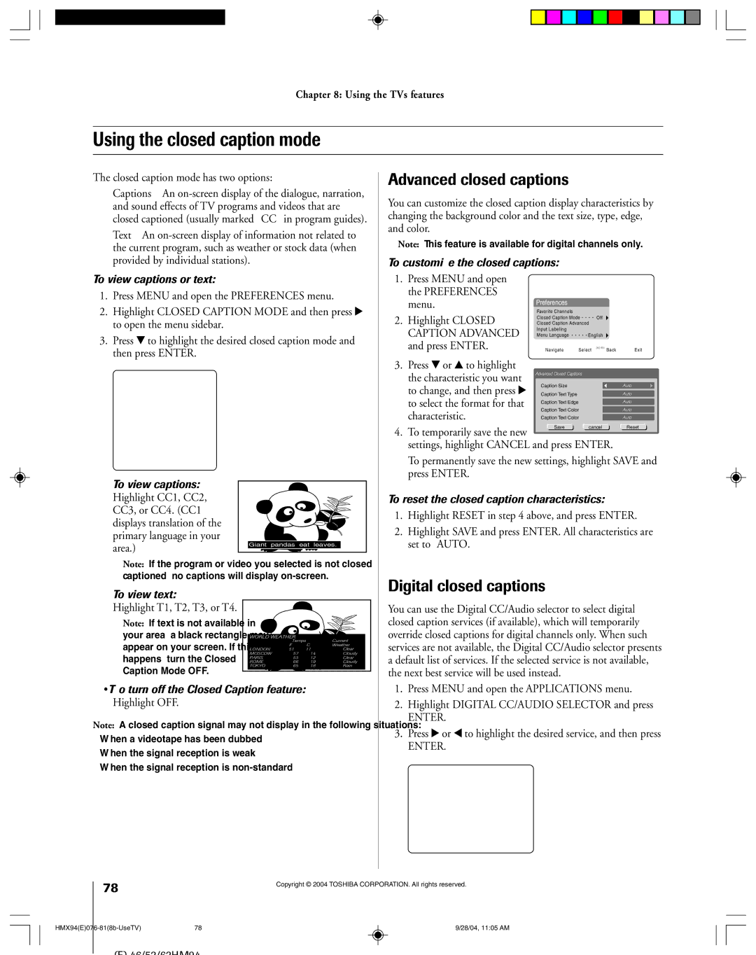 Toshiba 52HMX94 owner manual Using the closed caption mode, Advanced closed captions, Digital closed captions 