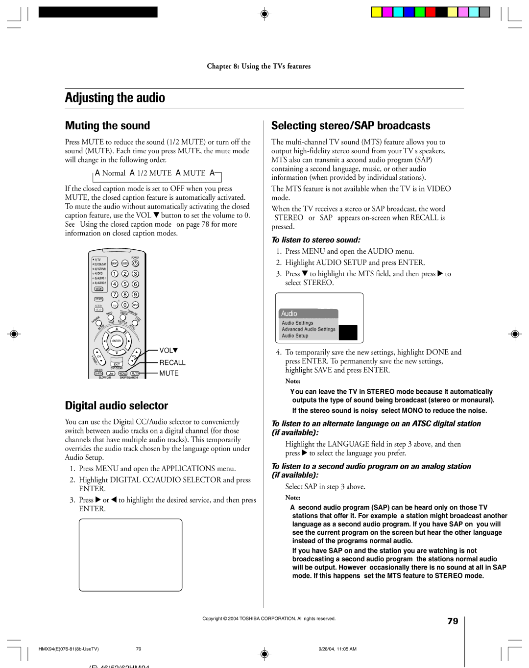 Toshiba 52HMX94 owner manual Adjusting the audio, Muting the sound, Digital audio selector, Selecting stereo/SAP broadcasts 