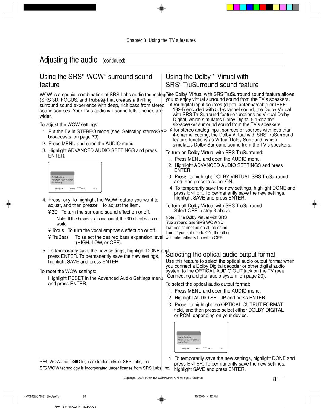 Toshiba 52HMX94 owner manual Using the SRS WOW surround sound feature, Selecting the optical audio output format 