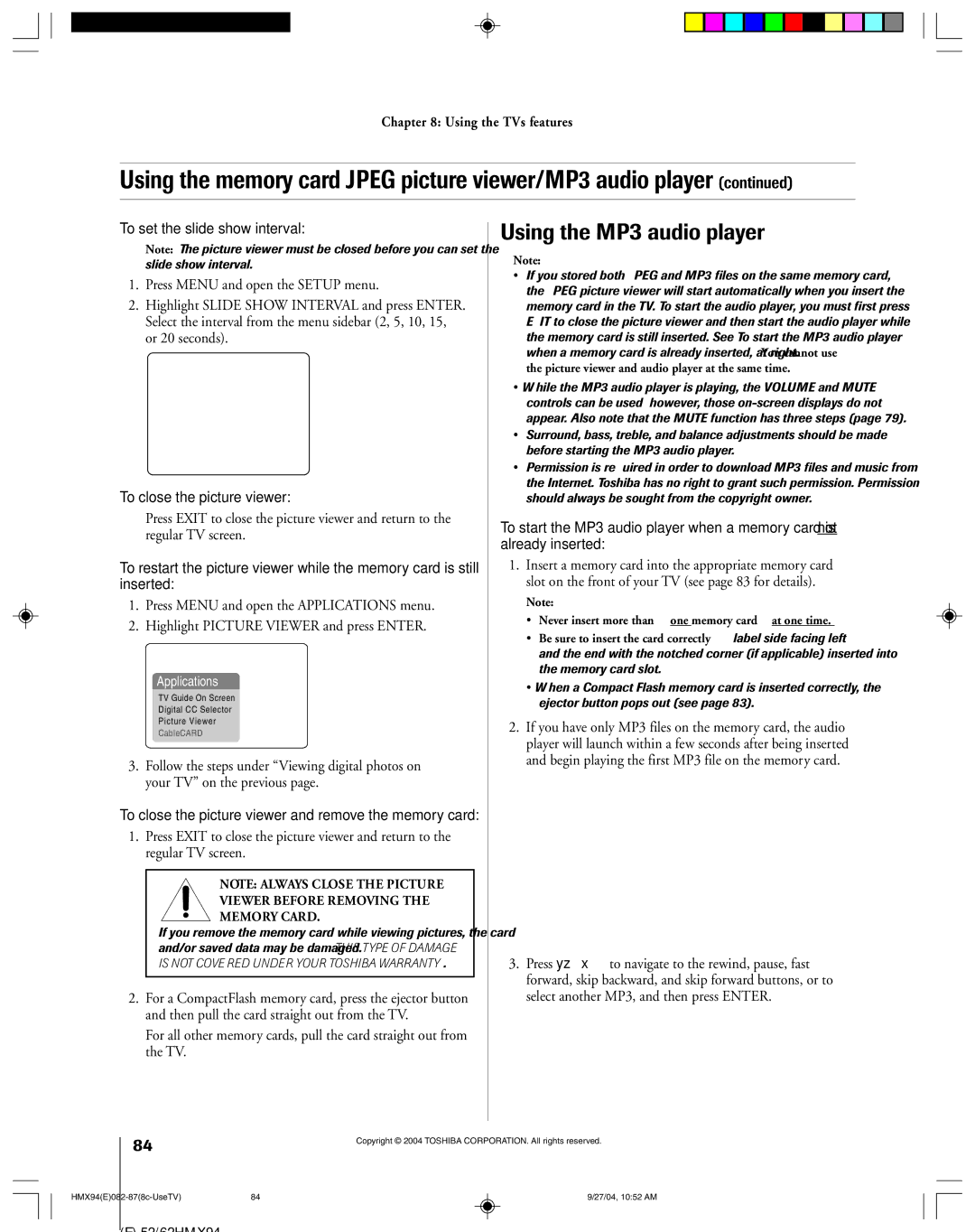 Toshiba 52HMX94 owner manual Using the MP3 audio player, To set the slide show interval, To close the picture viewer 