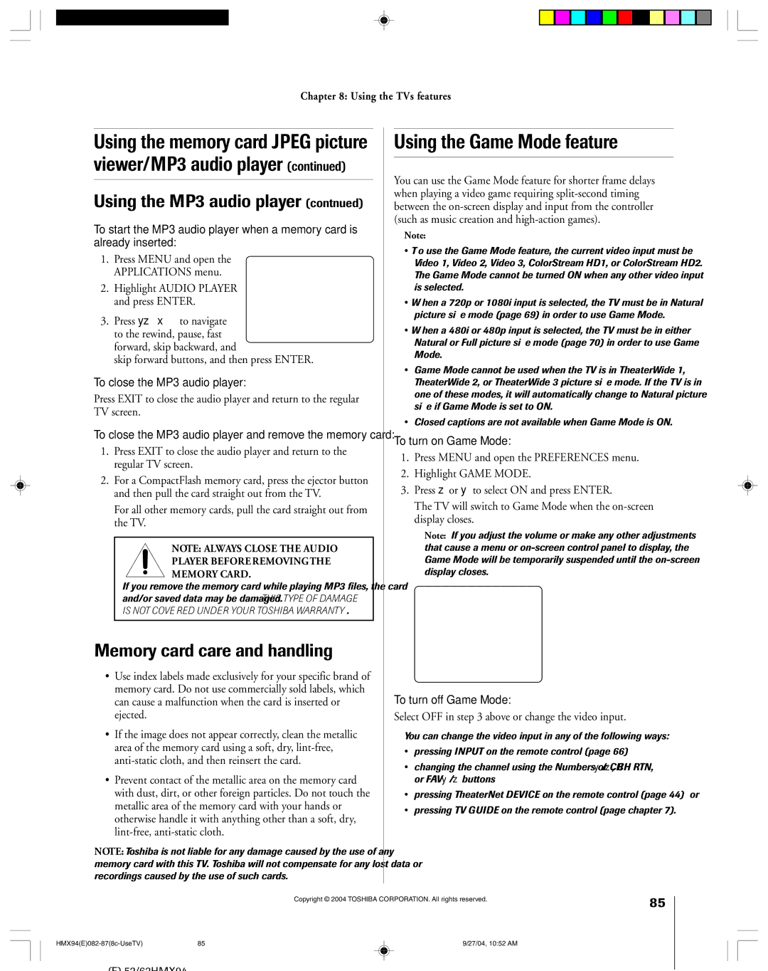 Toshiba 52HMX94 Using the Game Mode feature, Using the MP3 audio player contnued, Memory card care and handling 