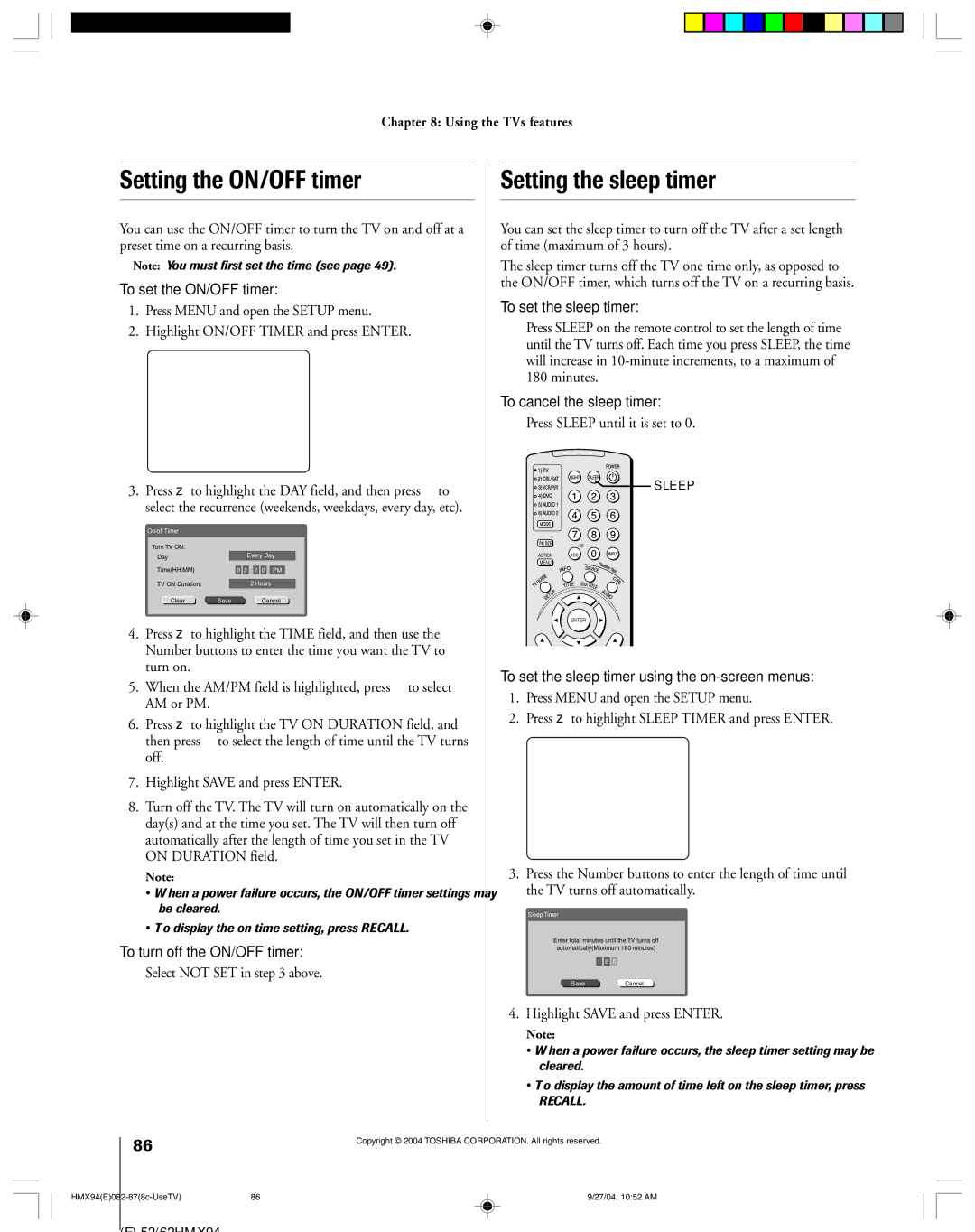 Toshiba 52HMX94 owner manual Setting the ON/OFF timer, Setting the sleep timer 