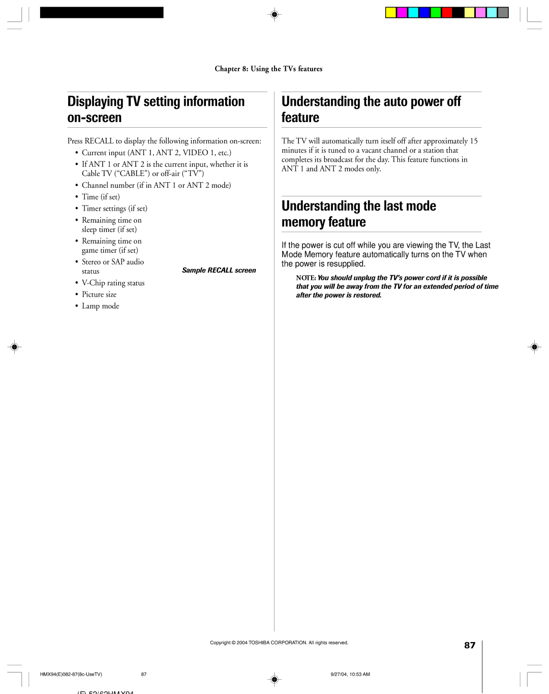 Toshiba 52HMX94 Displaying TV setting information on-screen, Understanding the auto power off feature, Stereo or SAP audio 