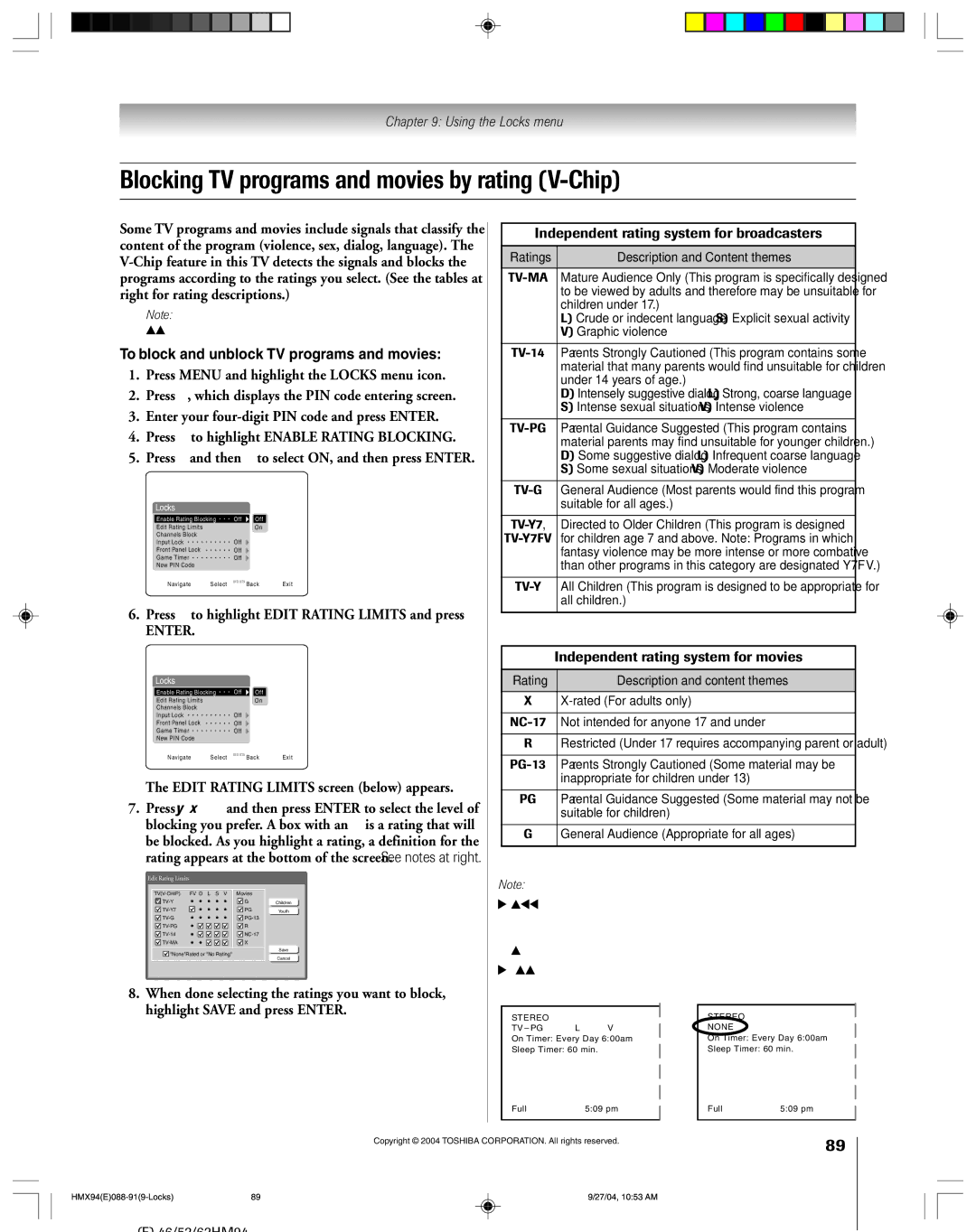 Toshiba 52HMX94 owner manual Blocking TV programs and movies by rating V-Chip, To block and unblock TV programs and movies 