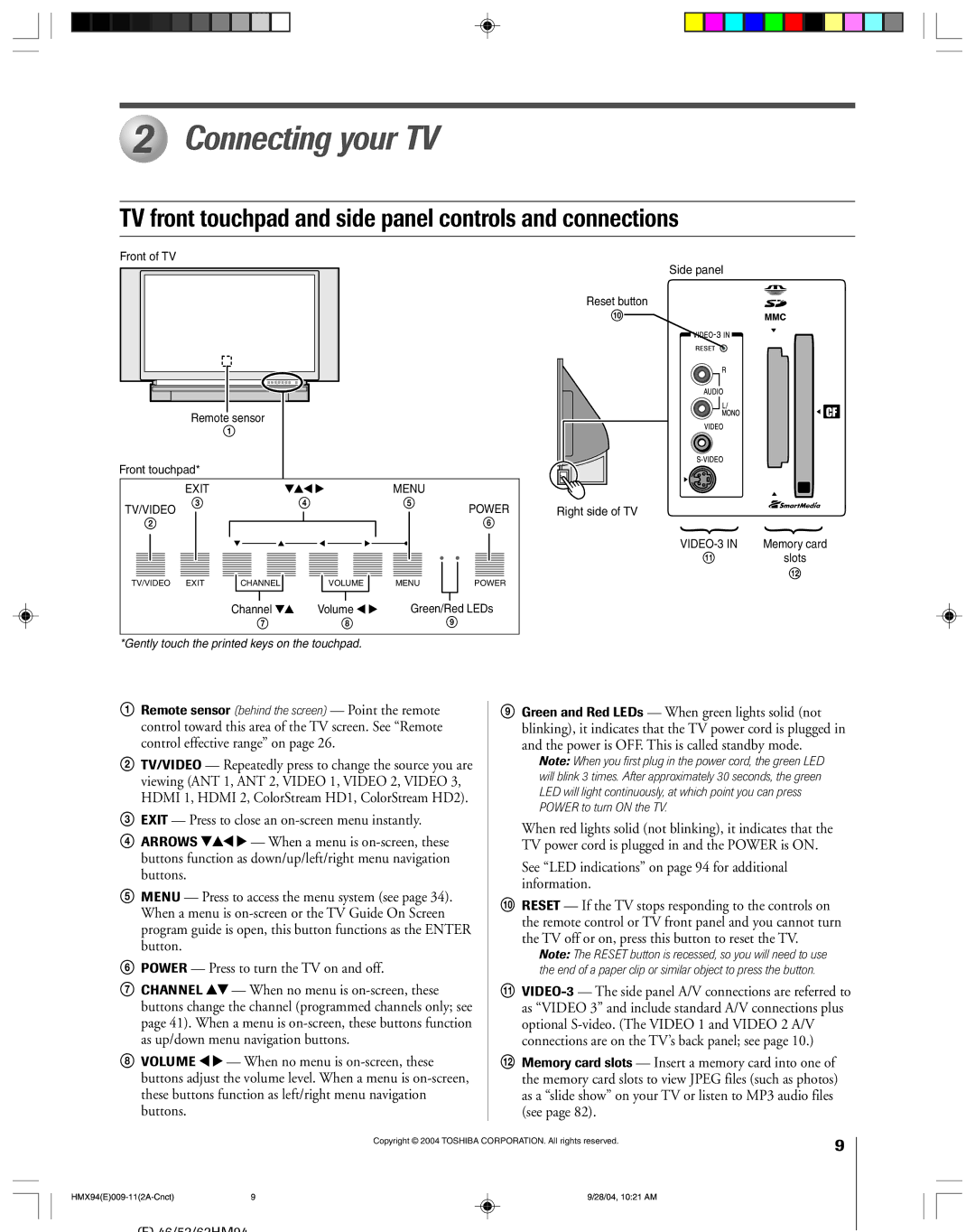 Toshiba 52HMX94 owner manual Connecting your TV, TV front touchpad and side panel controls and connections 