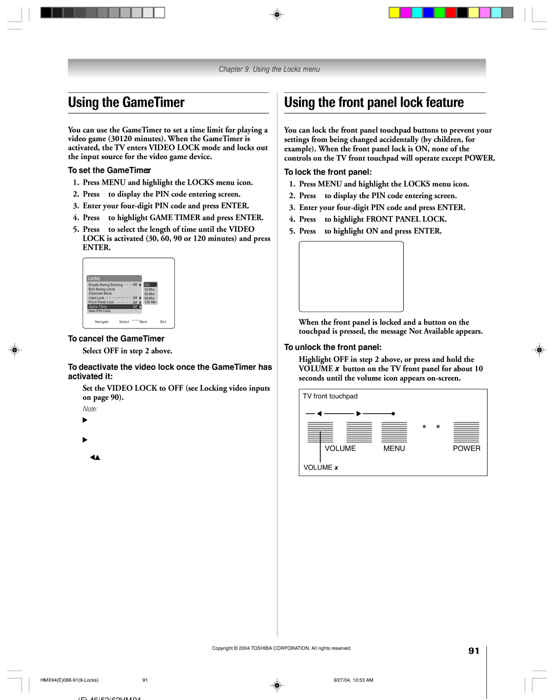 Toshiba 52HMX94 owner manual Using the GameTimer, Using the front panel lock feature 