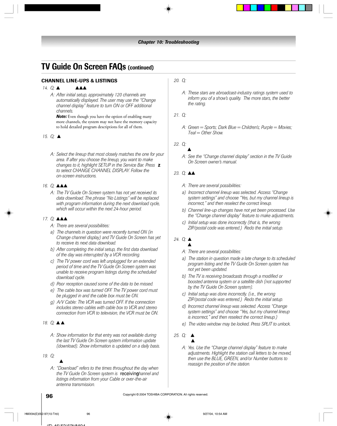 Toshiba 52HMX94 owner manual Why aren’t all my channels initially displayed? 