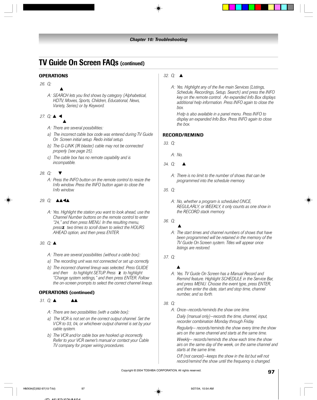 Toshiba 52HMX94 owner manual How do I resize or close the Info window?, Operations 