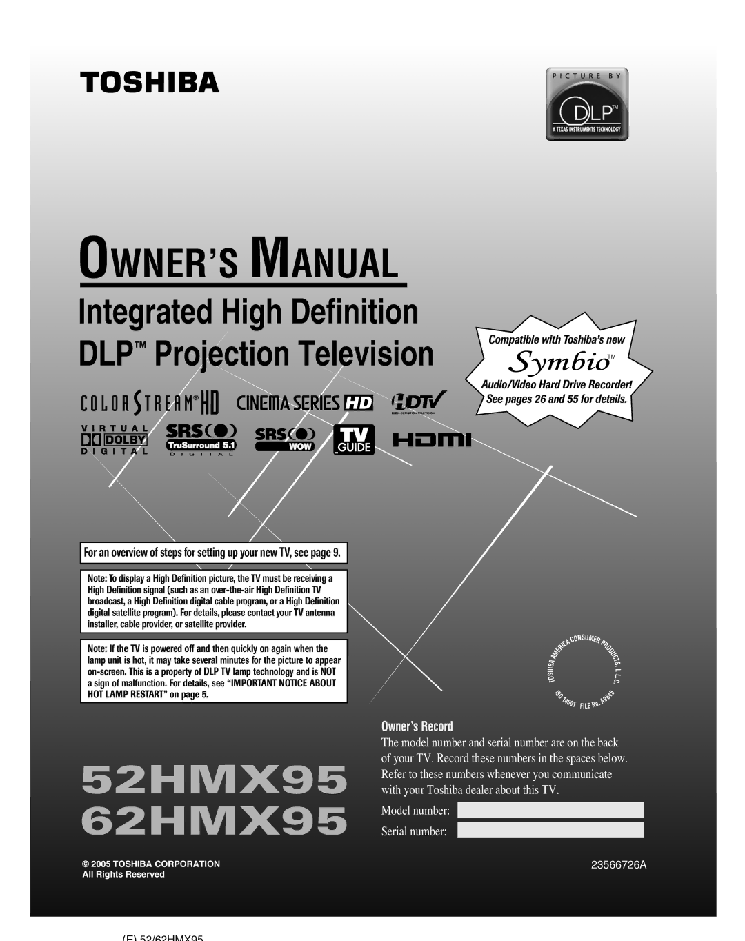 Toshiba 62HMX95, 52HMX95 owner manual Integrated High Definition DLP Projection Television 