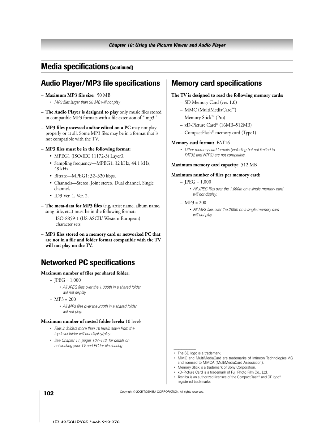 Toshiba 52HMX95, 62HMX95 owner manual Maximum MP3 file size 50 MB, MP3 files processed and/or edited on a PC may not play 