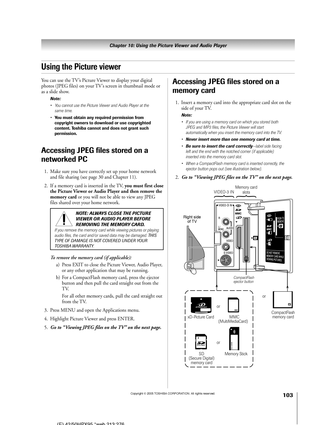 Toshiba 62HMX95, 52HMX95 owner manual Using the Picture viewer, Accessing Jpeg files stored on a networked PC, 103 