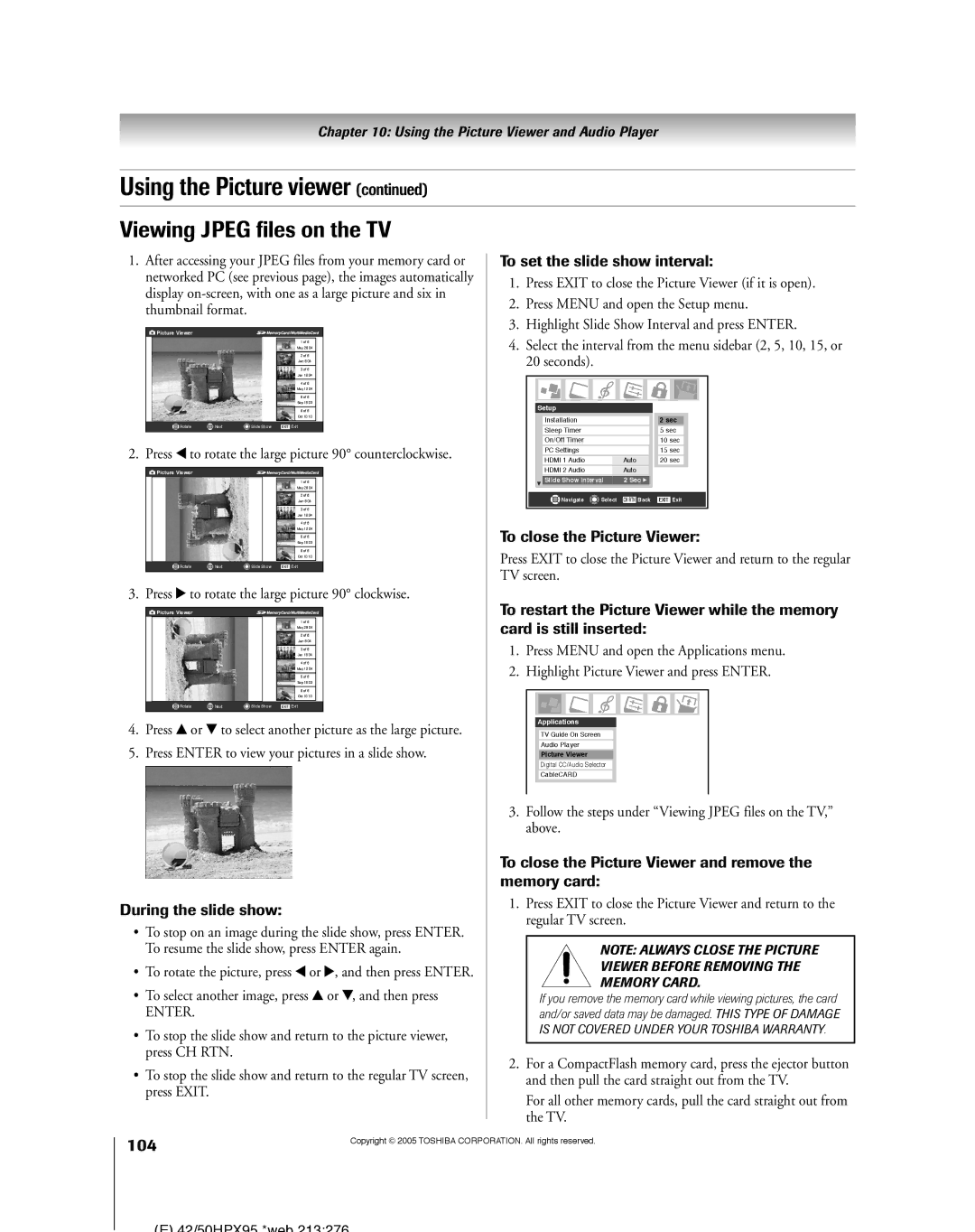 Toshiba 52HMX95, 62HMX95 owner manual Viewing Jpeg files on the TV, 104 