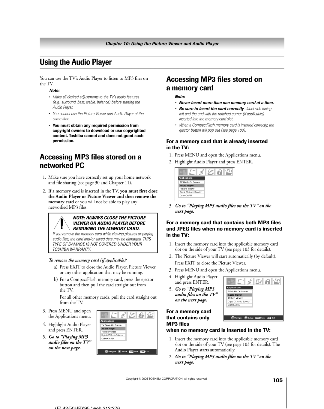 Toshiba 62HMX95, 52HMX95 owner manual Using the Audio Player, Accessing MP3 files stored on a networked PC, 105 