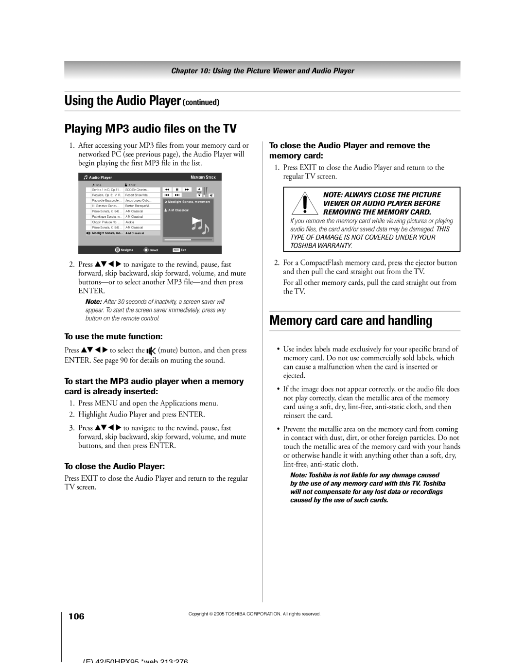 Toshiba 52HMX95, 62HMX95 owner manual Memory card care and handling, Playing MP3 audio files on the TV, 106 