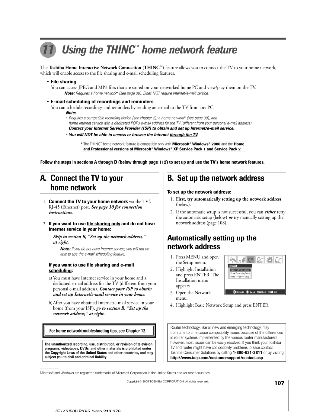 Toshiba 62HMX95 Using the Thinc home network feature, Connect the TV to your home network, Set up the network address, 107 