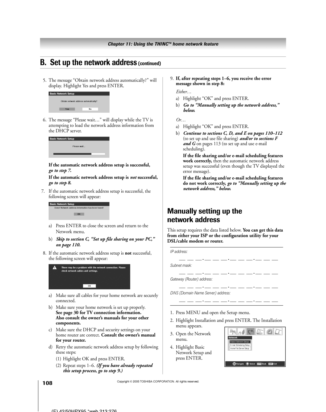 Toshiba 52HMX95, 62HMX95 Manually setting up the network address, 108, Highlight Basic, Network Setup Press Enter 