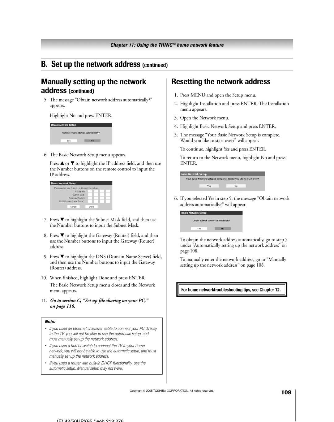 Toshiba 62HMX95, 52HMX95 owner manual Manually setting up the network, Resetting the network address, Address, 109 