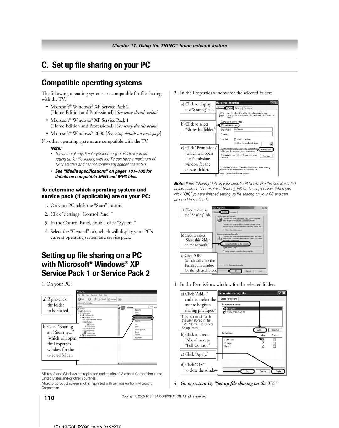 Toshiba 52HMX95, 62HMX95 owner manual Set up file sharing on your PC, Compatible operating systems, 110 