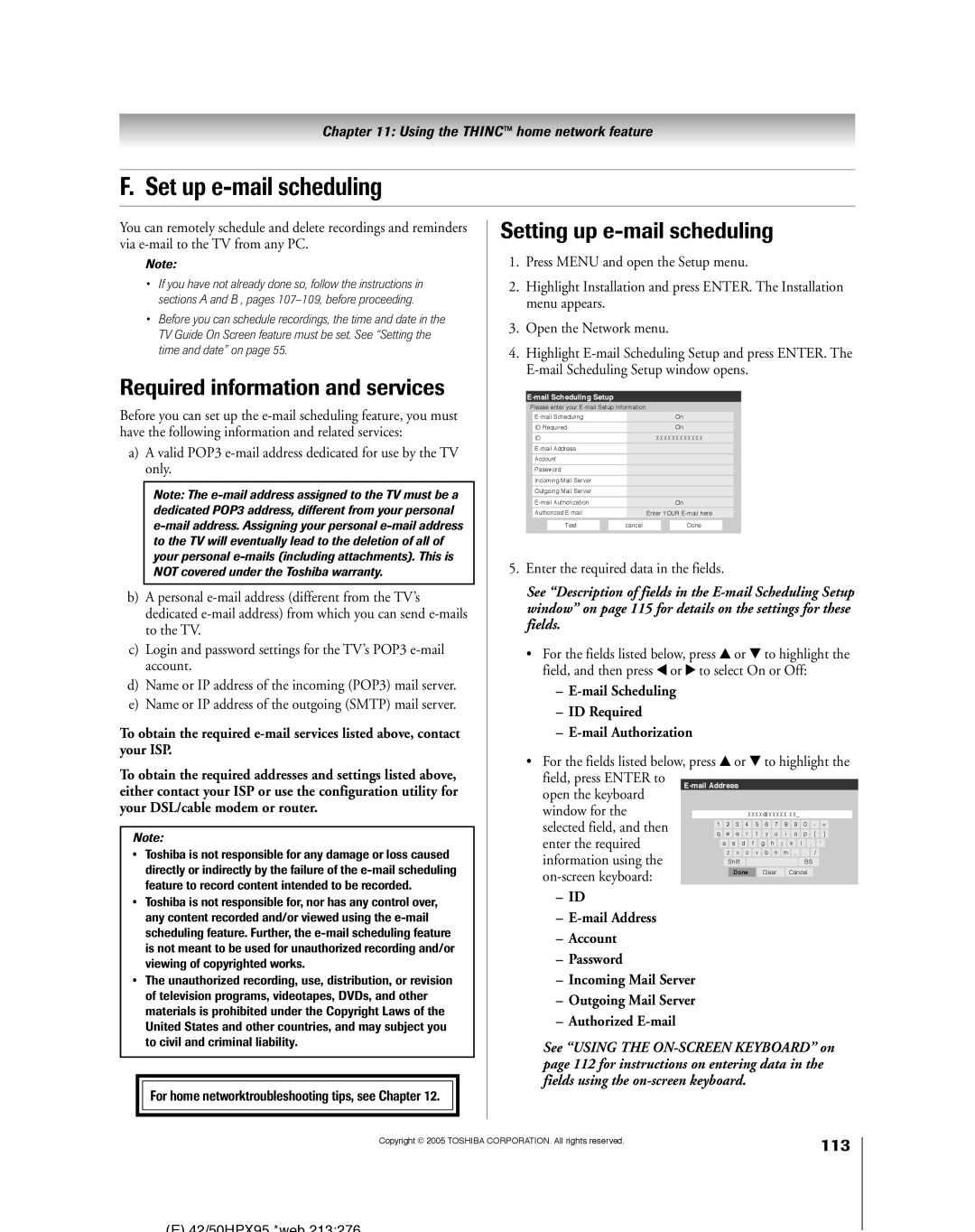 Toshiba 62HMX95, 52HMX95 Set up e-mail scheduling, Required information and services, Setting up e-mail scheduling, 113 