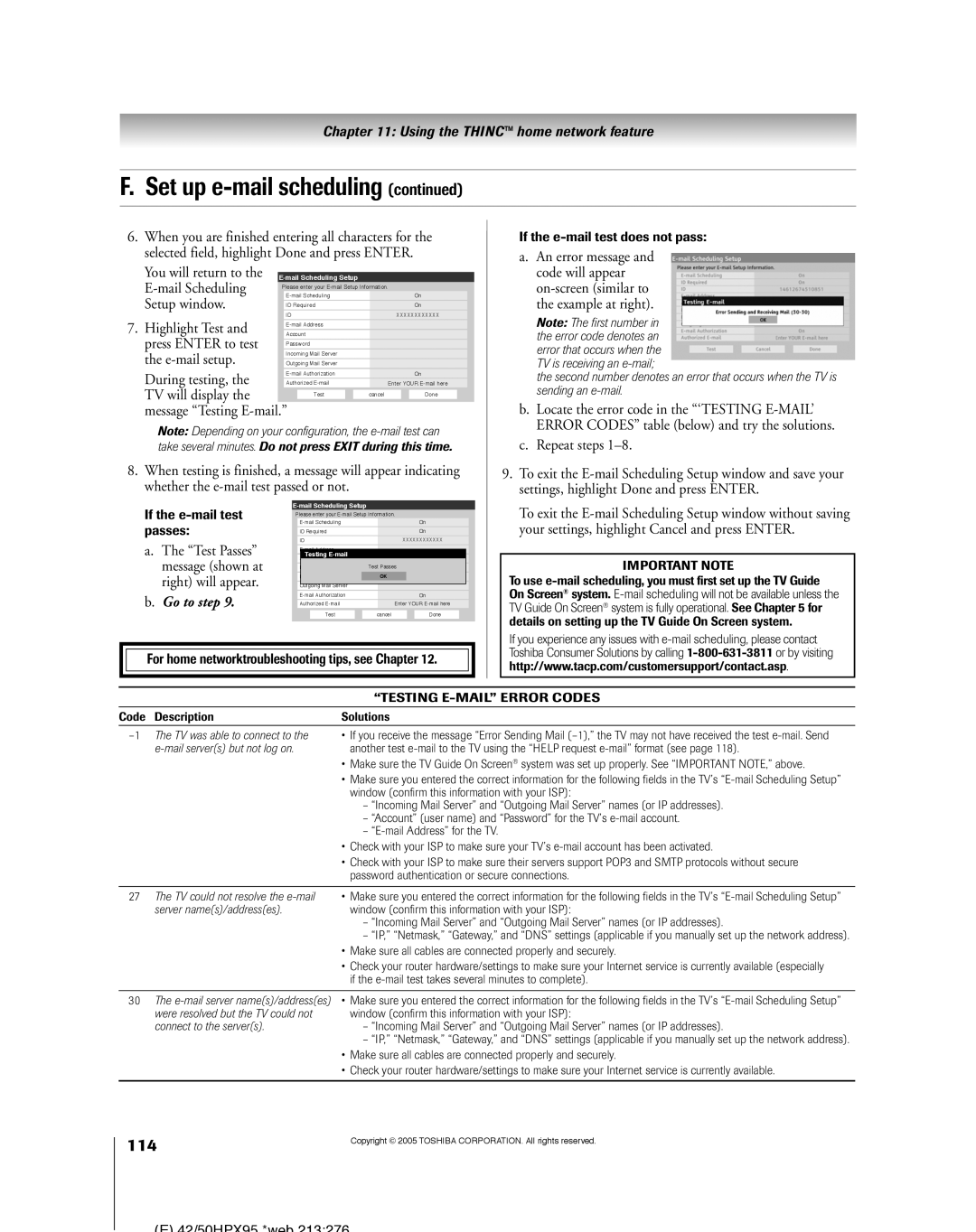 Toshiba 52HMX95, 62HMX95 owner manual 114, You will return to Mail Scheduling Setup window, Code will appear 