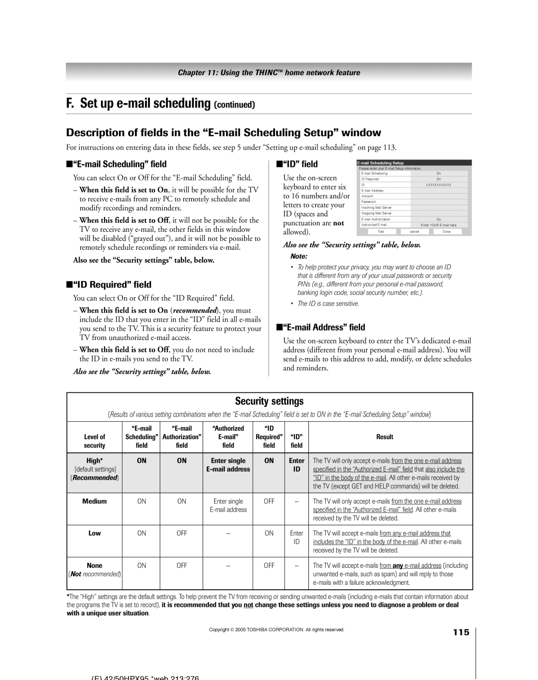Toshiba 62HMX95, 52HMX95 owner manual Mail Scheduling field, ID field, ID Required field, Mail Address field, 115 