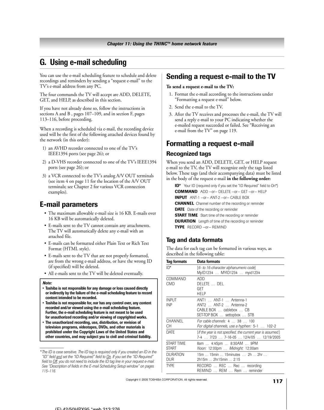 Toshiba 62HMX95 Using e-mail scheduling, Mail parameters, Sending a request e-mail to the TV, Formatting a request e-mail 