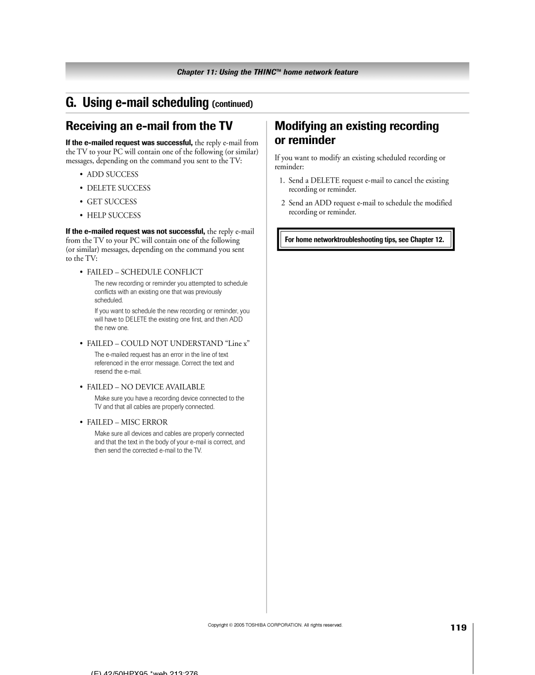 Toshiba 62HMX95, 52HMX95 owner manual Receiving an e-mail from the TV, Modifying an existing recording or reminder, 119 