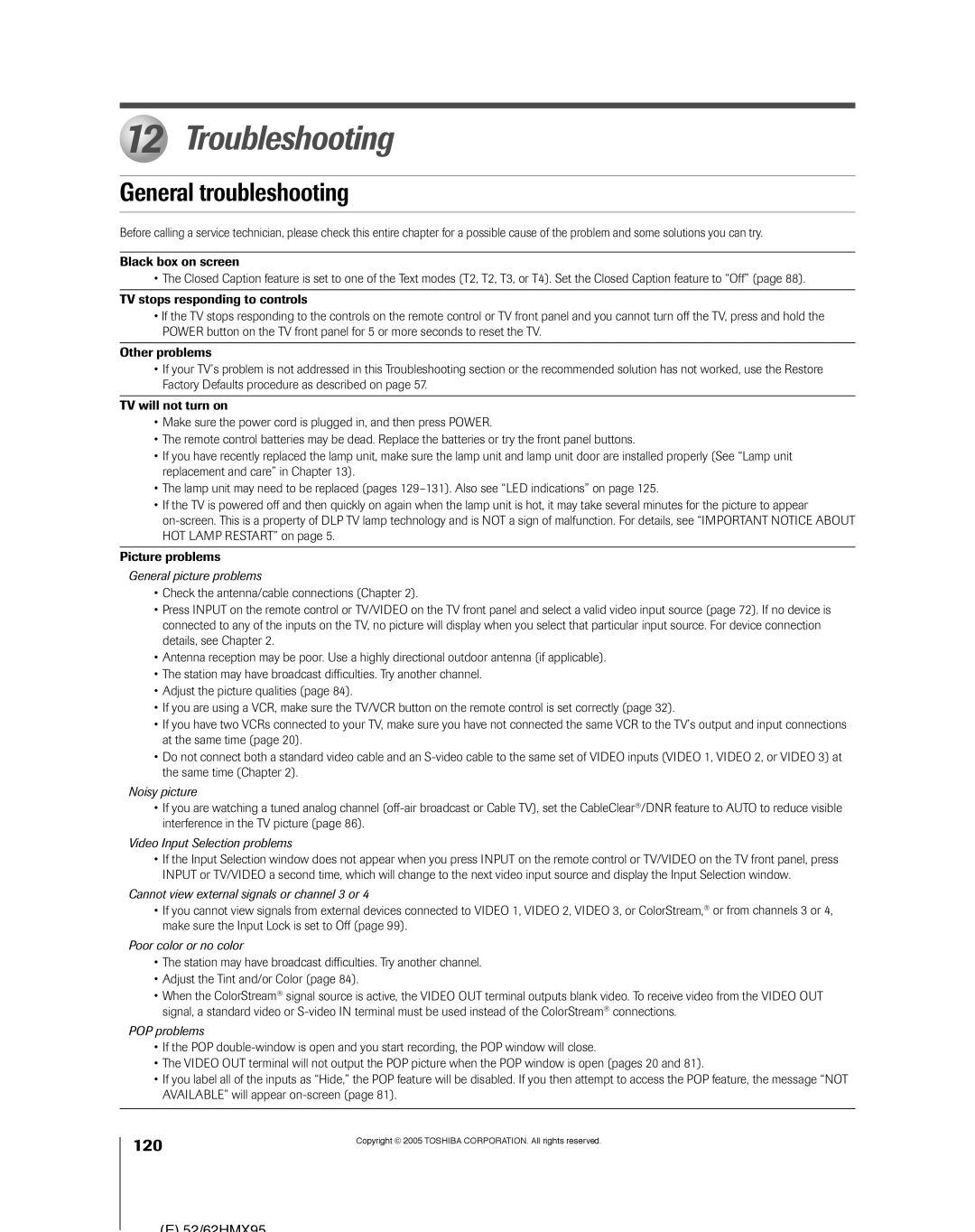 Toshiba 52HMX95, 62HMX95 owner manual Troubleshooting, General troubleshooting, 120 