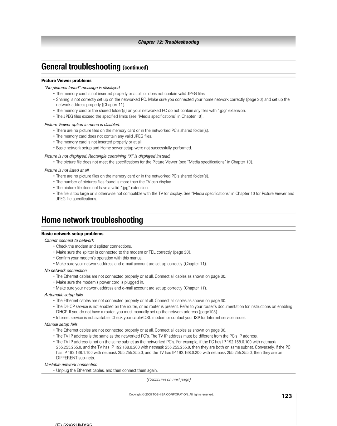 Toshiba 62HMX95, 52HMX95 owner manual Home network troubleshooting, 123 