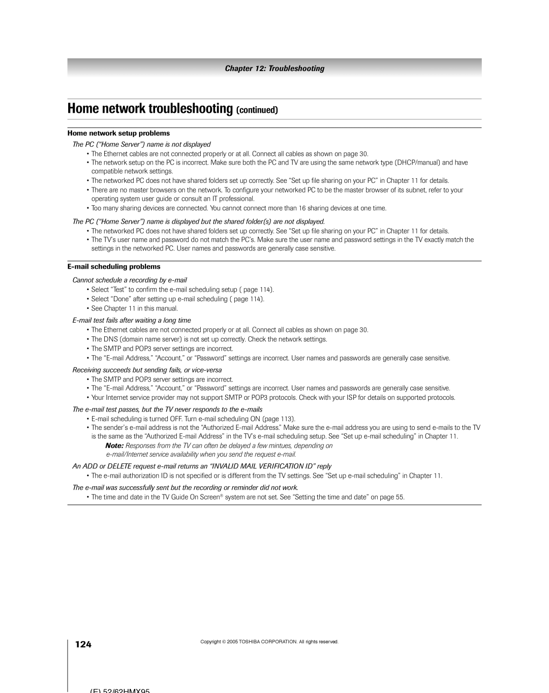 Toshiba 52HMX95, 62HMX95 owner manual 124, PC Home Server name is not displayed, Cannot schedule a recording by e-mail 