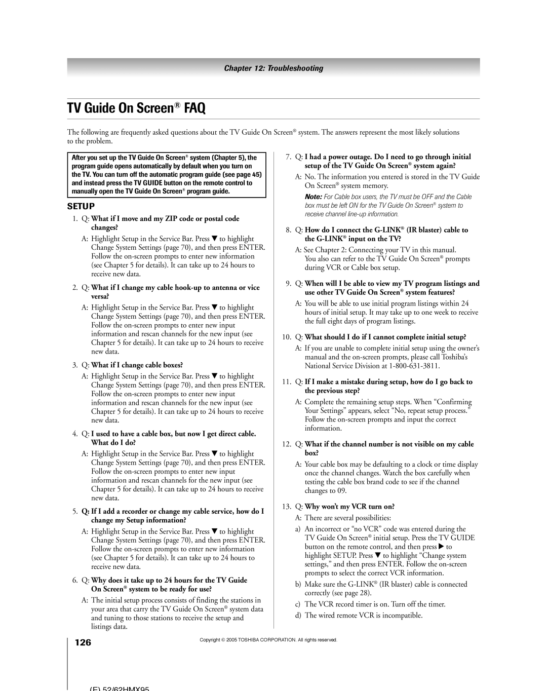 Toshiba 52HMX95, 62HMX95 owner manual TV Guide On Screen FAQ, 126 