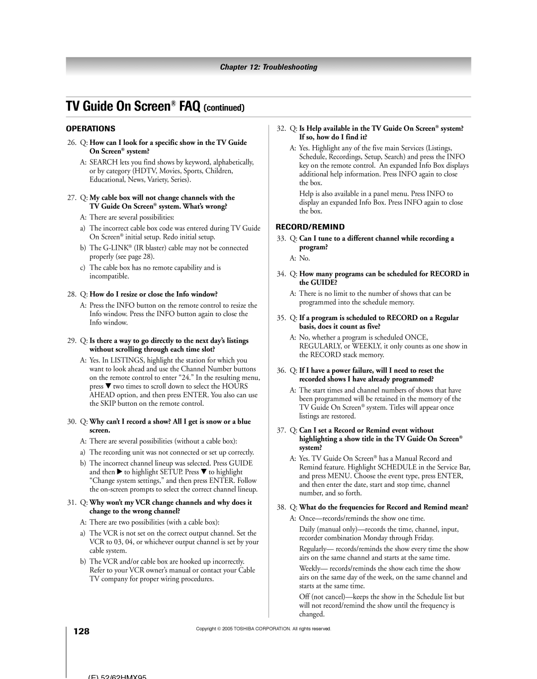 Toshiba 52HMX95, 62HMX95 owner manual 128, On Screen system? 