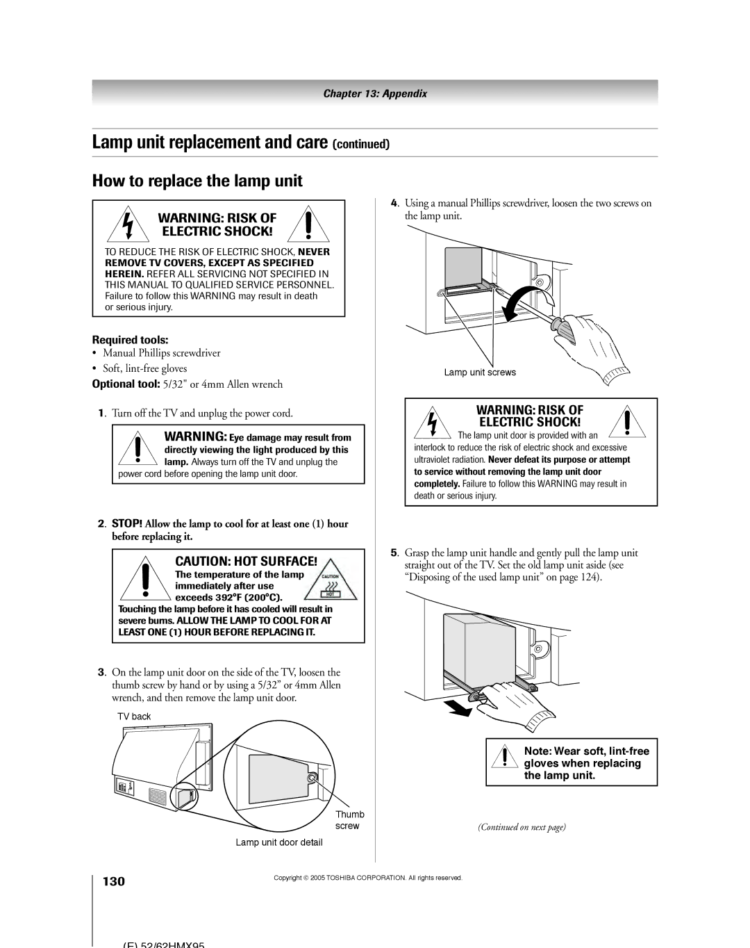 Toshiba 52HMX95, 62HMX95 How to replace the lamp unit, 130, Grasp the lamp unit handle and gently pull the lamp unit 