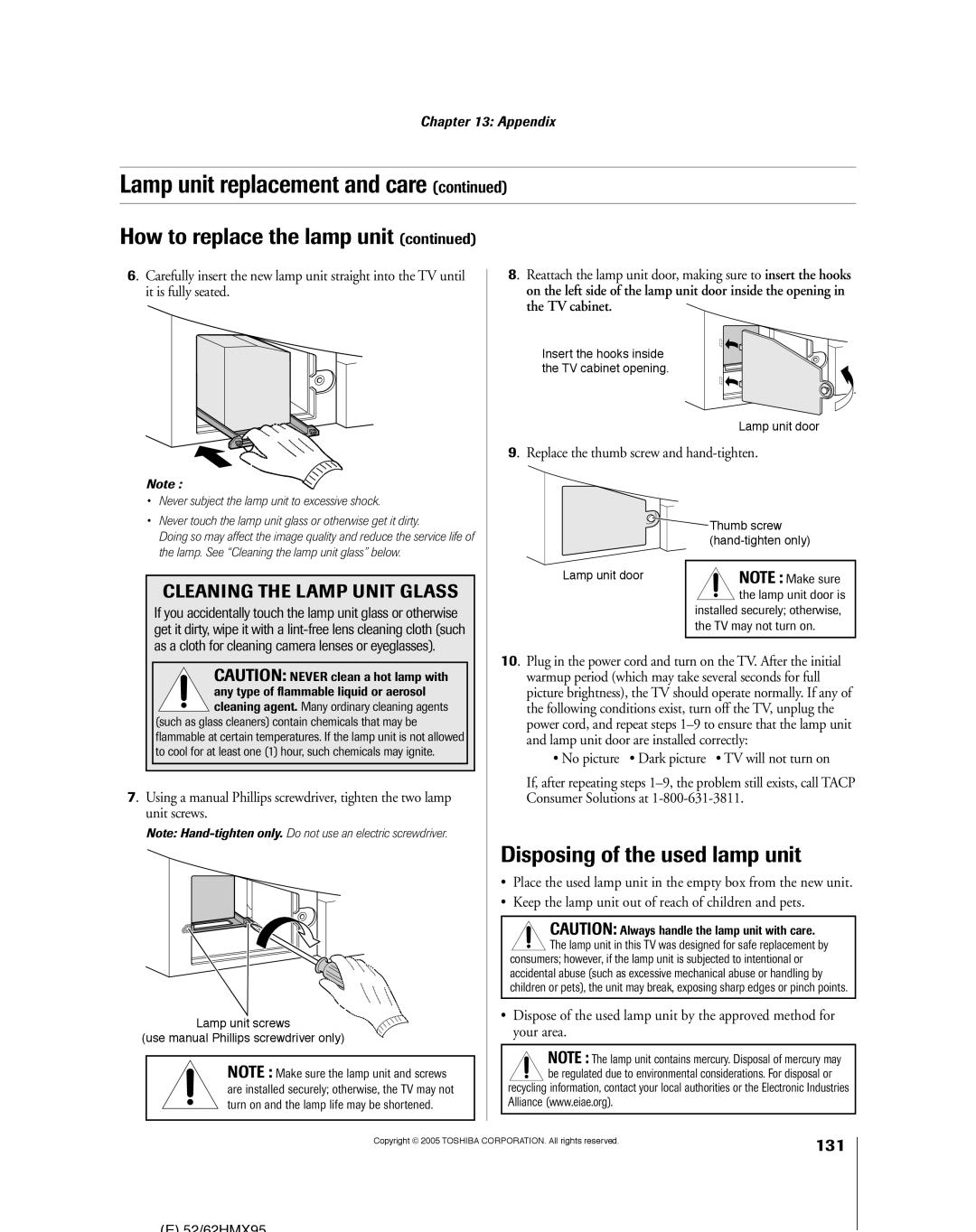 Toshiba 62HMX95, 52HMX95 owner manual Disposing of the used lamp unit, 131, Replace the thumb screw and hand-tighten 