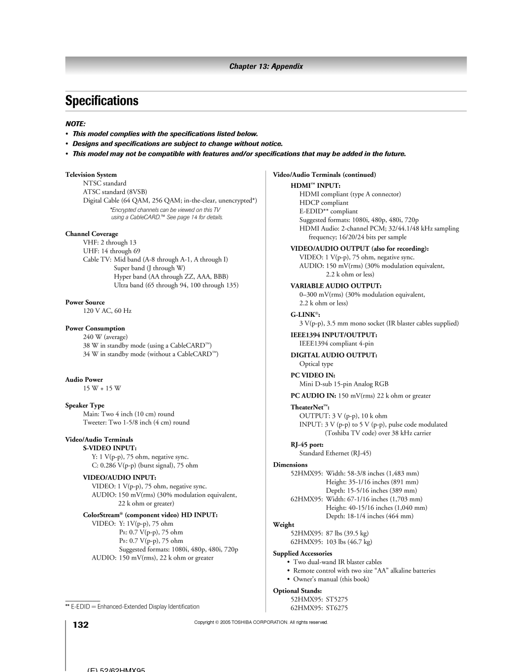 Toshiba 52HMX95, 62HMX95 owner manual Specifications, 132 