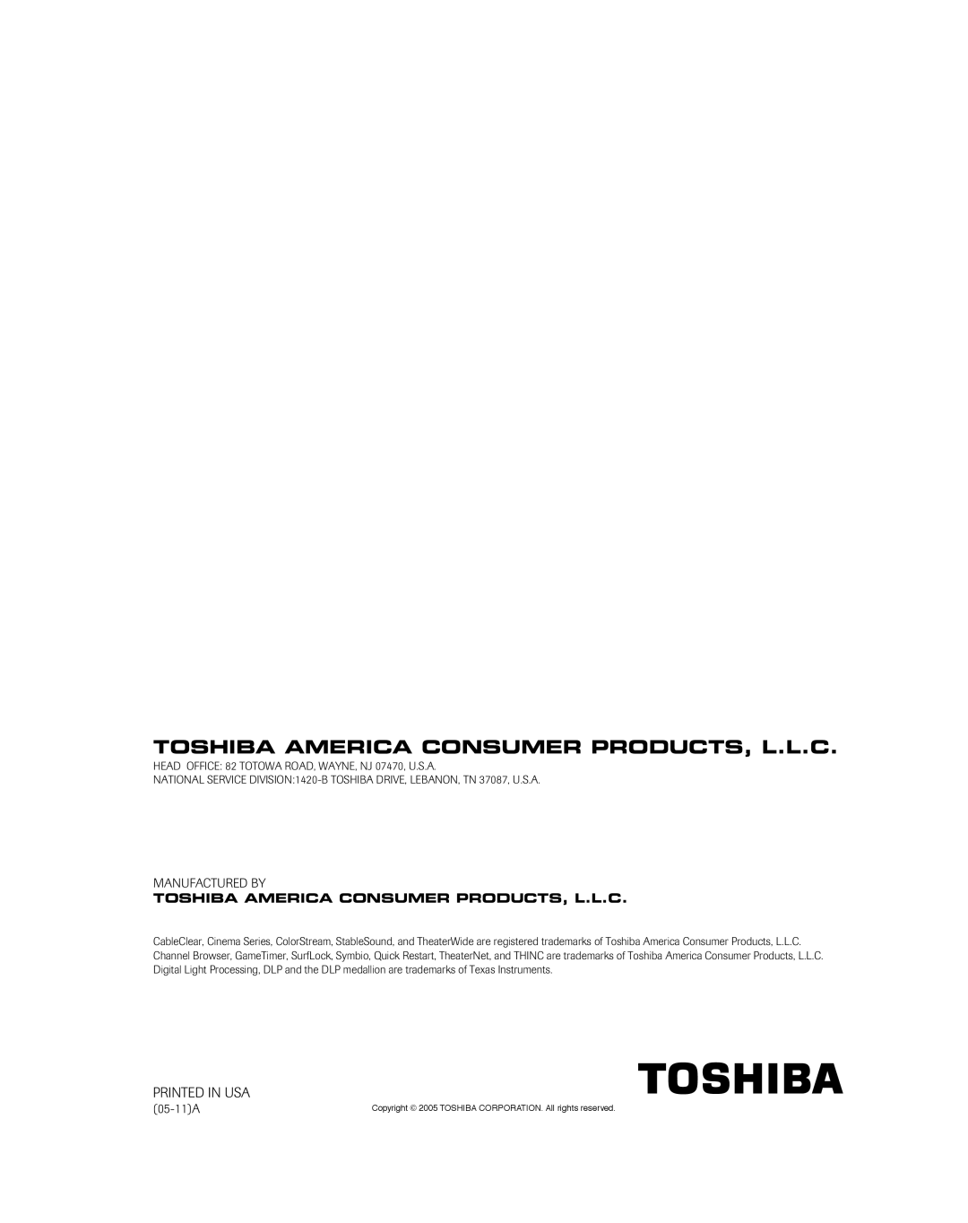 Toshiba 52HMX95, 62HMX95 owner manual Toshiba America Consumer PRODUCTS, L.L.C, 05-11A 