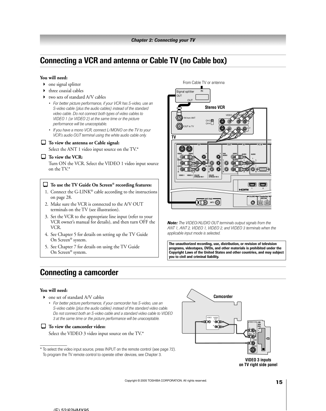 Toshiba 62HMX95, 52HMX95 owner manual Connecting a VCR and antenna or Cable TV no Cable box, Connecting a camcorder 