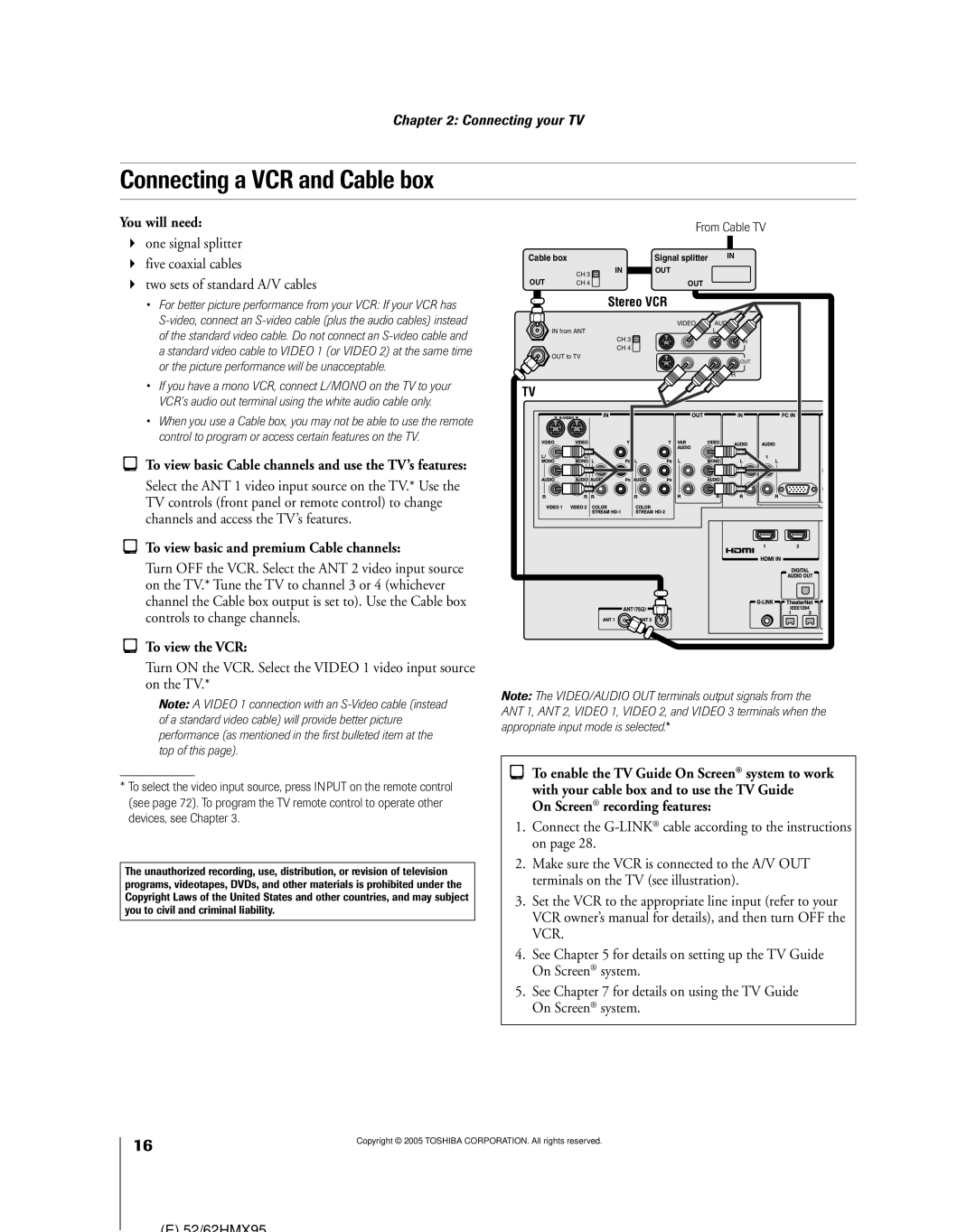 Toshiba 52HMX95 Connecting a VCR and Cable box, One signal splitter Five coaxial cables, On Screen recording features 