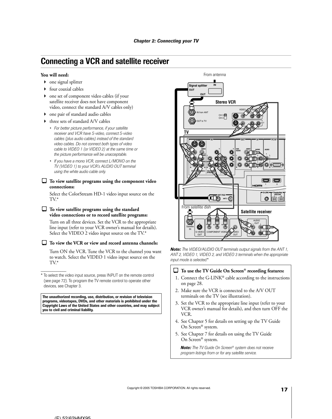 Toshiba 62HMX95, 52HMX95 Connecting a VCR and satellite receiver, One signal splitter Four coaxial cables, From antenna 