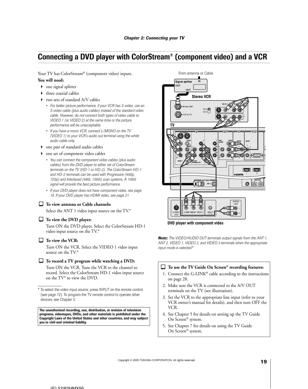 Toshiba 62HMX95 Your TV has ColorStream component video inputs, To view antenna or Cable channels, From antenna or Cable 