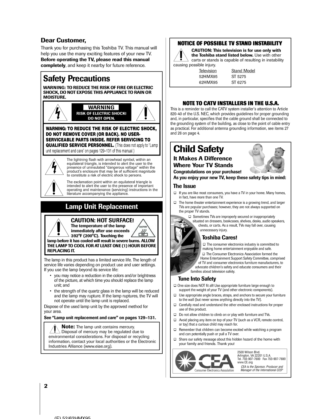 Toshiba 52HMX95 Safety Precautions, It Makes a Difference Where Your TV Stands, Issue, Toshiba Cares, Tune Into Safety 