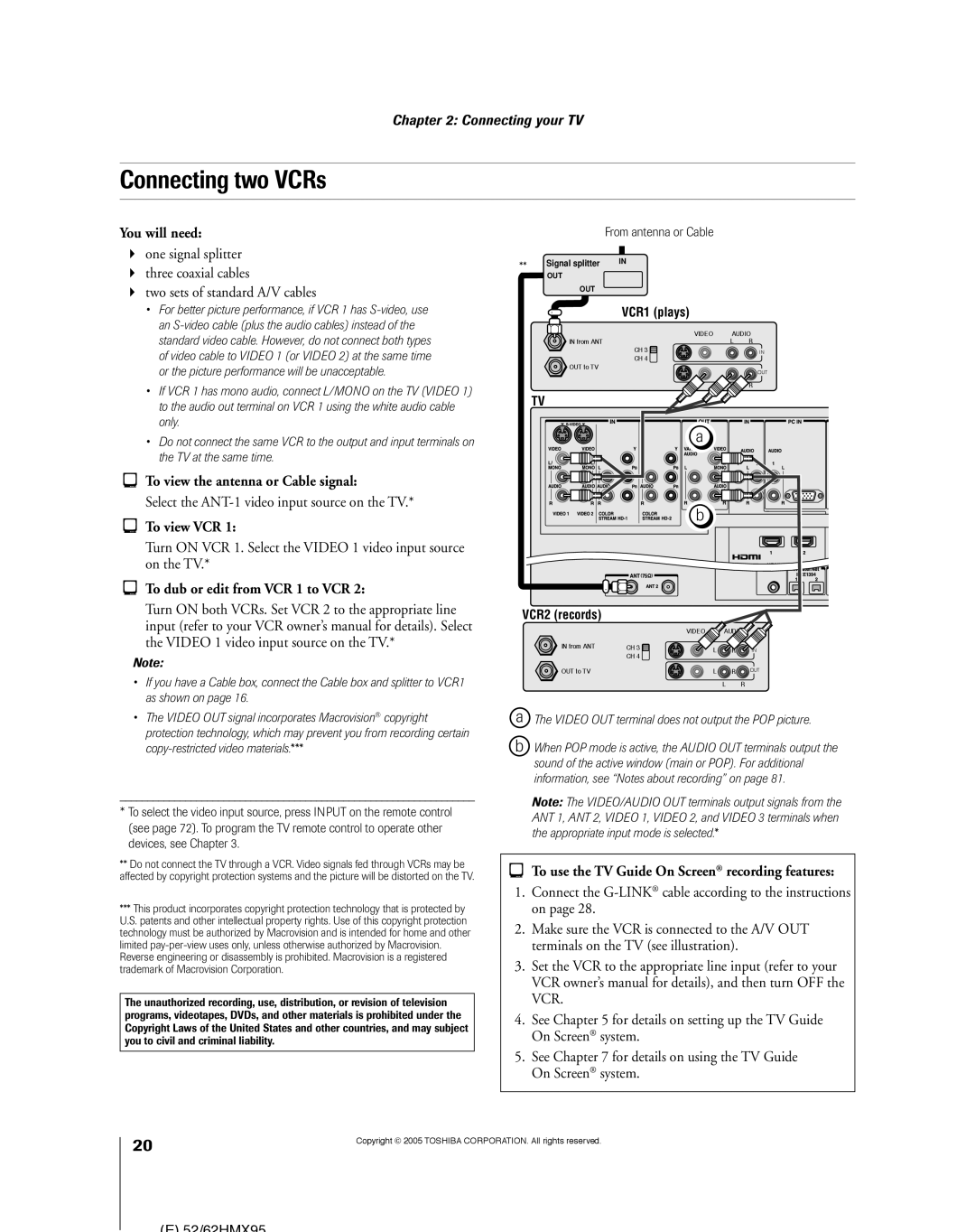 Toshiba 52HMX95, 62HMX95 owner manual Connecting two VCRs, Select the ANT-1 video input source on the TV, To view VCR 